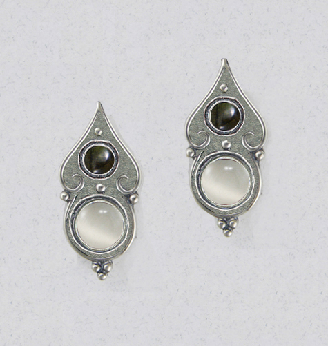 Sterling Silver Gothic Look Post Stud Earrings With White Moonstone And Spectrolite